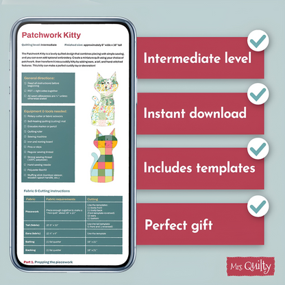 A phone displays the Patchwork Kitty Downloadable PDF Quilt Pattern with text noting its intermediate skill level, instant download, included templates, and gift suitability. Mrs. Quilty branding appears at the bottom right.