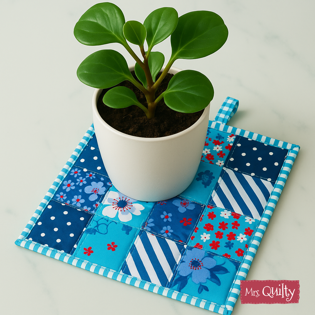 A decorative potholder made with the Pot Holder Downloadable PDF Quilt Pattern features a small green plant in a white pot, displayed on a blue and white patchwork quilted mat labeled "Mrs. Quilty.