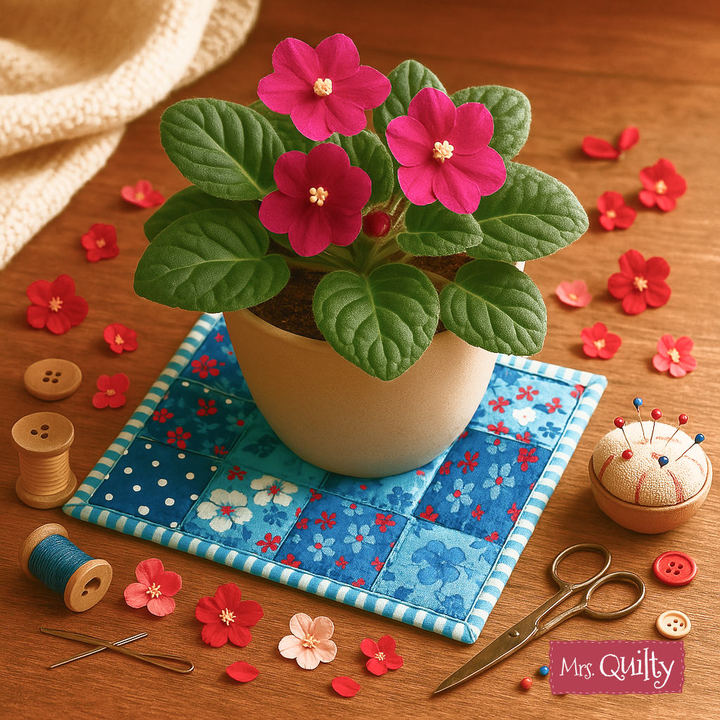 A potted African violet with pink flowers sits on a wooden table, resting on a potholder made using the Pot Holder Downloadable PDF Quilt Pattern, surrounded by sewing tools and fabric flower decorations.