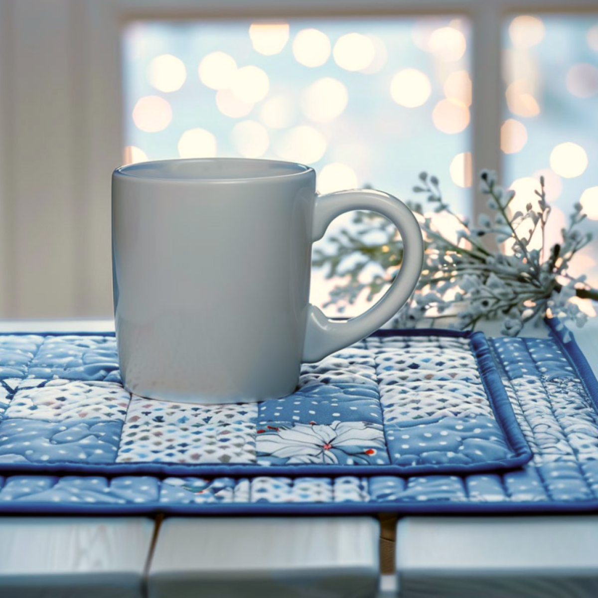 A plain white mug rests on a blue patchwork mug rug made with the Quilt-As-You-Go Mug Rug Downloadable PDF Quilt Pattern, beside a small branch and window with softly blurred lights in the background.