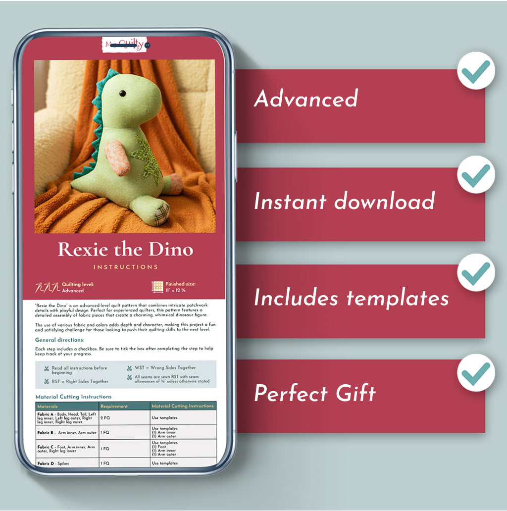 A phone shows the "Rexie the Dino Downloadable PDF Quilt Pattern" with text and checkmarks: advanced quilting pattern, instant download, includes templates, and perfect gift.