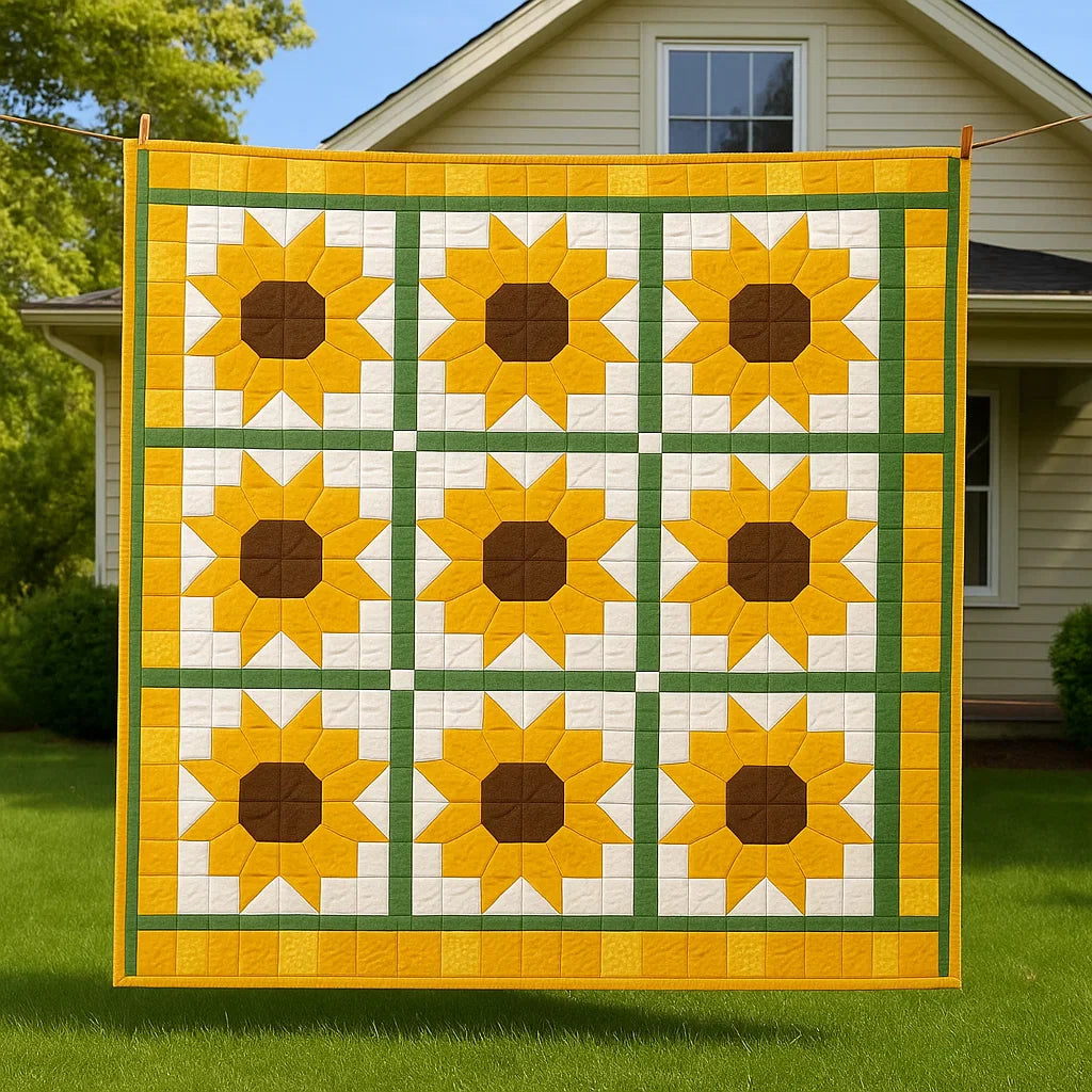 A quilt made from the Sunny Blooms Quilt Downloadable PDF Quilt Pattern, featuring sunflowers in yellow, brown, and green, hangs outside a house.