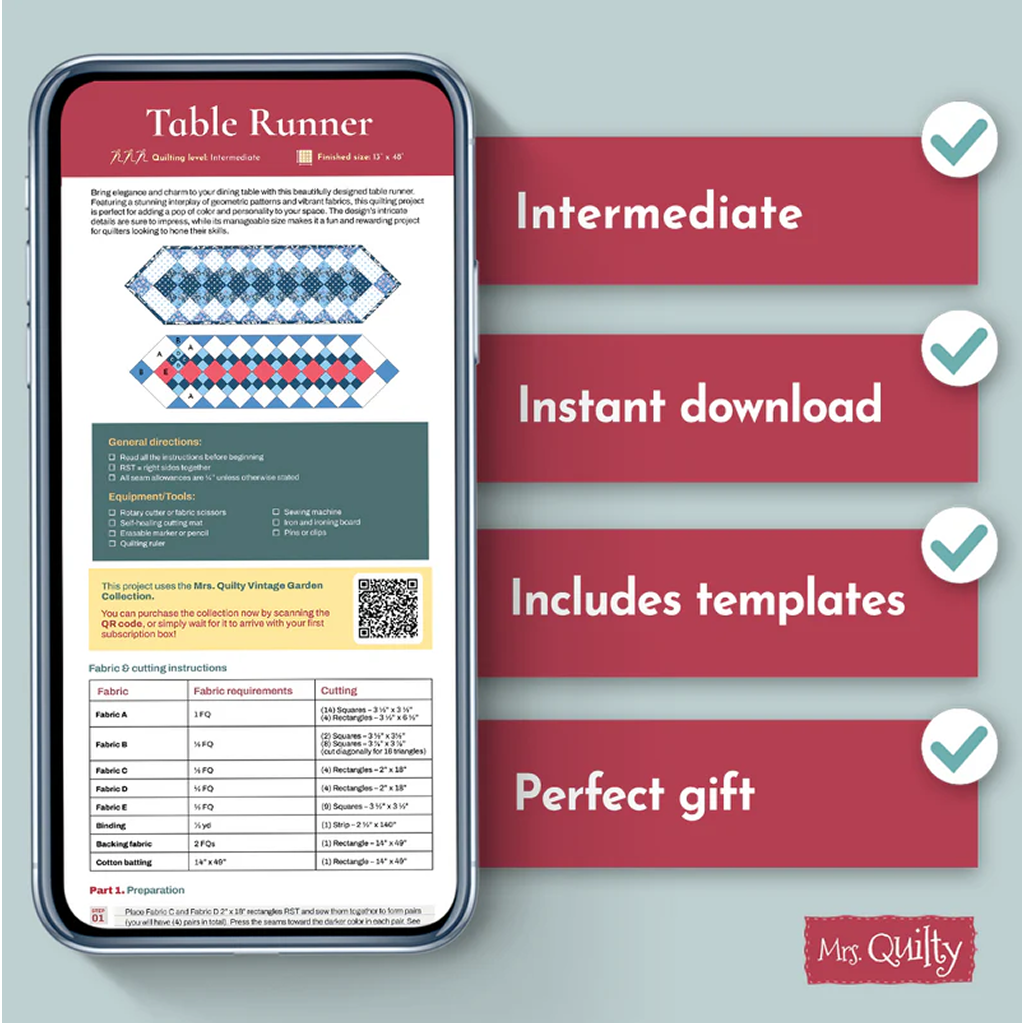 A phone screen shows the Table Runner Downloadable PDF Quilt Pattern with geometric designs, on a desk highlighting features: intermediate level, instant download, templates included—makes a perfect gift.