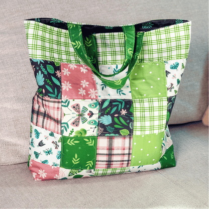 Add a touch of style to your collection with the Tote Bag Downloadable PDF Quilt Pattern—featuring green, pink, and white floral and plaid squares—ideal for making your own chic tote bag for any occasion.