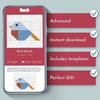 The Bird Block Quilt Downloadable PDF Quilt Pattern features intricate bird motifs, advanced instructions, and templates. This instant download makes a perfect gift for quilting enthusiasts.