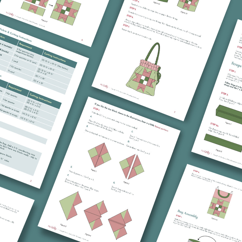 The Drawstring Tote Bag Quilt Downloadable PDF Quilt Pattern instruction sheets, with diagrams and assembly guides, are spread out on a flat teal surface.
