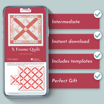 The X Frame Quilt Downloadable PDF Quilt Pattern features a bold red and white modern design, four checklists for intermediate skills, instant download, included templates, and makes a perfect gift.