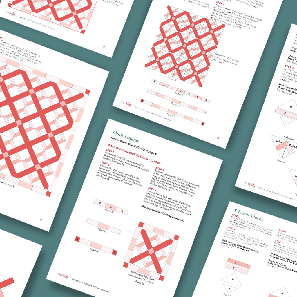 Several printed instruction sheets for the X Frame Quilt Downloadable PDF Quilt Pattern are spread on a teal surface, each featuring diagrams, steps, and illustrations of bold red and white geometric designs.