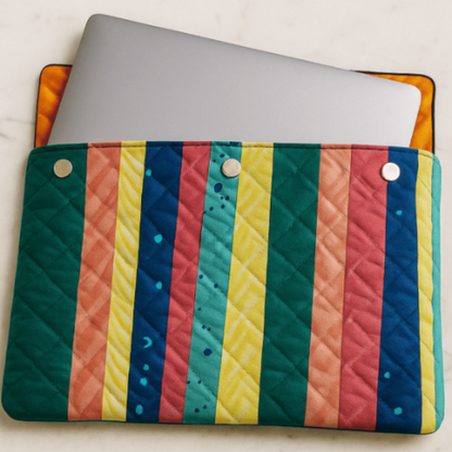 A laptop is partially inserted into the Stylish Quilted Laptop Sleeve, featuring a geometric patchwork design and three snap buttons, made using the downloadable PDF quilt pattern, displayed on a light surface.