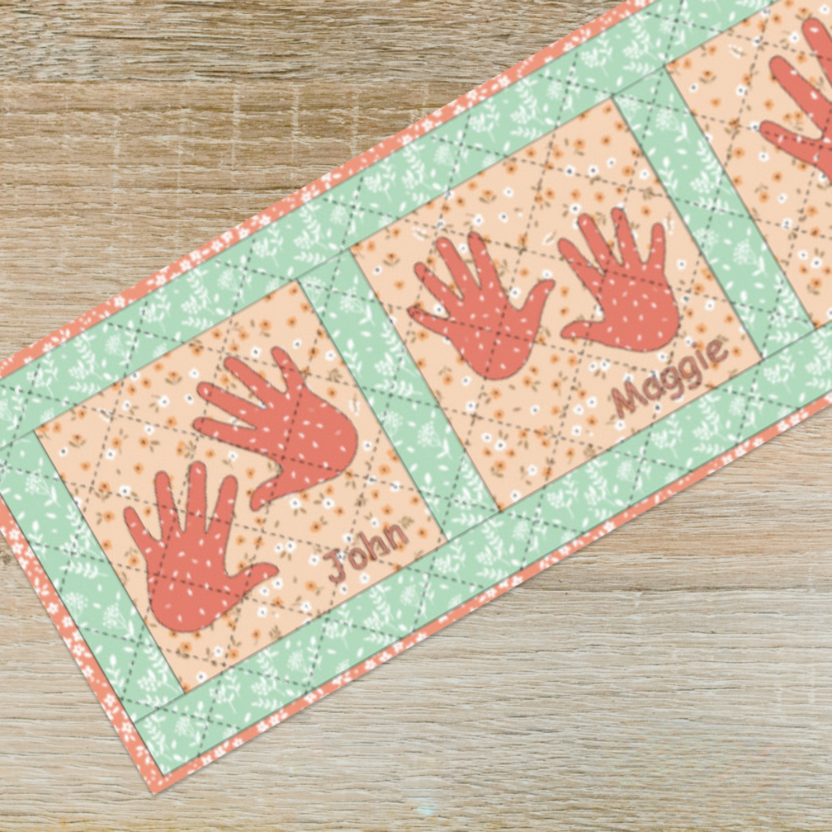 The Hand in Hand Table Runner Downloadable PDF is a charming quilting project; personalize it with names like "John" and "Maggie" to create a treasured heirloom for your wooden table.
